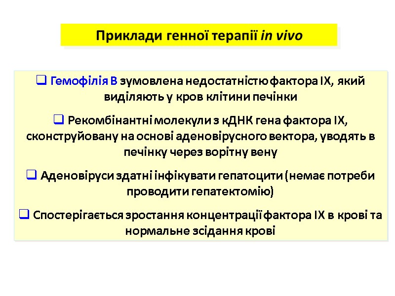Приклади генної терапії in vivo Гемофілія В зумовлена недостатністю фактора IX, який виділяють Приклади генної терапії in vivo Гемофілія В зумовлена недостатністю фактора IX, який виділяють